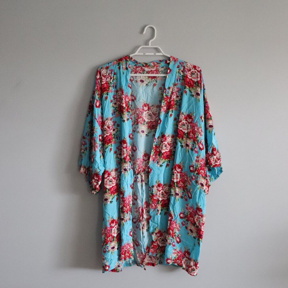 Floral Women's Sz L/XL Open Front Mid Sleeve Cover Up Wrap Kimono Robe